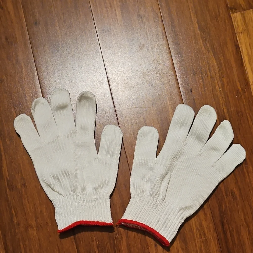 White Knit Gloves with Red Trim
